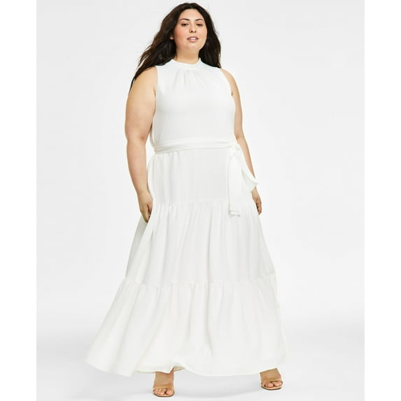 Plus Size Belted Textured Tiered-Skirt Dress Bright White 14W