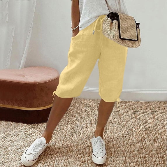 Plus Size Bermuda Shorts for Women Knee Length Cotton Linen Elastic Waist Drawstring Shorts Summer Loose Pant Yellow 2XL
