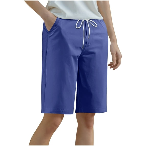 Plus Size Bermuda Shorts for Women Knee Length High Waist Wide Leg Summer Shorts Drawstring Boyfriend Office Workwear Dark Blue, XXXXXL
