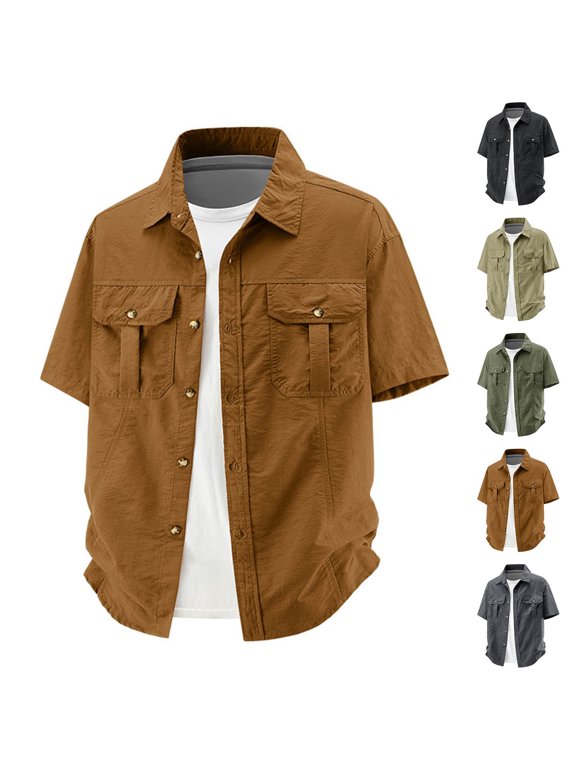 Plus Size Big & Tall Men's Casual Button Down Short Sleeve Shirt Solid Color Lapel Pocket Outdoor Quick Dry Breathable Shirt Tops For Golf Hiking Vacation Travel Fashion | JASKFLY,Army Green 5XL