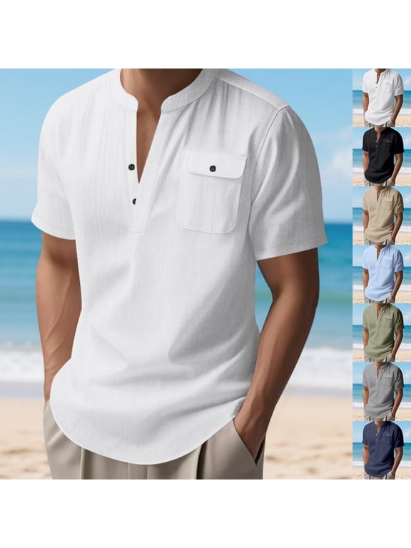 Plus Size Big & Tall Men's Casual Linen Cotton Short Sleeve Shirt T-Shirt Jacket, Lapel Collar Button Down Relaxed Fit, Soft Breathable Lightweight Summer Top, Beach Vacation
