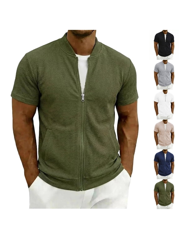 Plus Size Big & Tall Men's Casual Military Jacket Short Sleeve Stand Collar Zip Front Lightweight Polycotton Tops Summer Hiking Fishing Golf Travel Outfits Fashion Essential