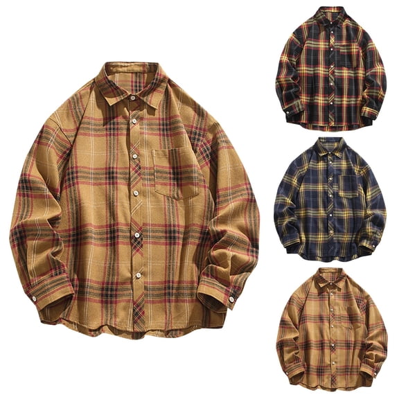 Plus Size Big & Tall Men's Casual Plaid Button Down Shirt Long Sleeve Turn Down Collar Cotton Top Lightweight Breathable Pocket Tops Blouse For Office Work Daily Beach Vacation