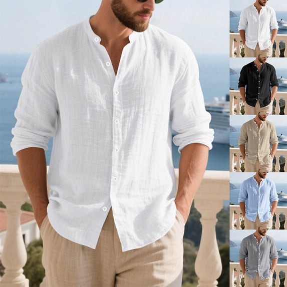 Plus Size Big & Tall Men's Linen Button Down Shirt Long Sleeve Mandarin Collar Casual Tops Breathable Loose Fit Solid Color Business Beach Vacation Travel Outfits Fashion
