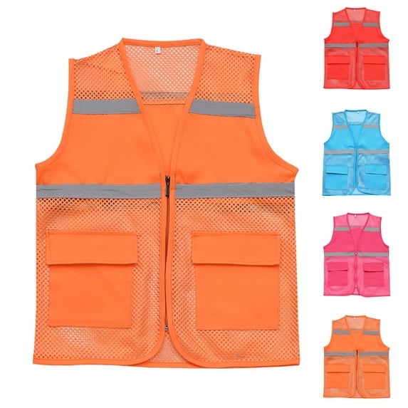 Plus Size Big & Tall Men's Mesh Solid Color V-Neck Multi Pocket Outdoor Sports Waistcoat Bodywarmer Casual Fishing Hiking Work Utility Vest with Zipper Closure | JASKFLY,Orange 3XL