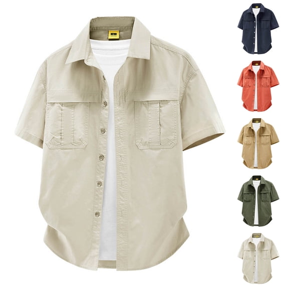 Plus Size Big & Tall Men's Summer Cotton Button Down Cargo Shirt Casual Tops T-Shirt Short Sleeve Turndown Collar Pocketed Relaxed Fit Breathable Lightweight Fishing Hiking