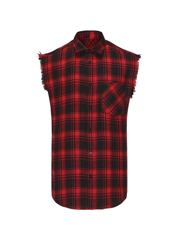 Plus Size Big & Tall Men's Summer Flannel Checkered Sleeveless Shirt Tank Top Breathable Casual Lapel Button Down Muscle Vest Fringed Fashion Outfits For Beach Vacation Daily