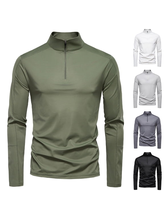 Plus Size Big & Tall Men's Summer Sun Protection UPF 100+ Base Shirt Long Sleeve Half Zip Stand Collar Top Shirt, Polyamide Quick Dry Breathable Cooling Outdoor Fishing Hiking
