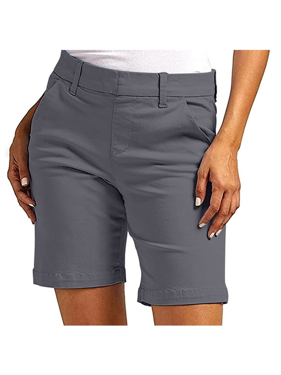Plus Size Biker Shorts with Pockets Chino Shorts for Women, Dressy Casual Comfy Slim Fitting Knee Length Pants, Solid Stretchy Bermuda Shorts with Pockets Dark Gray XXL