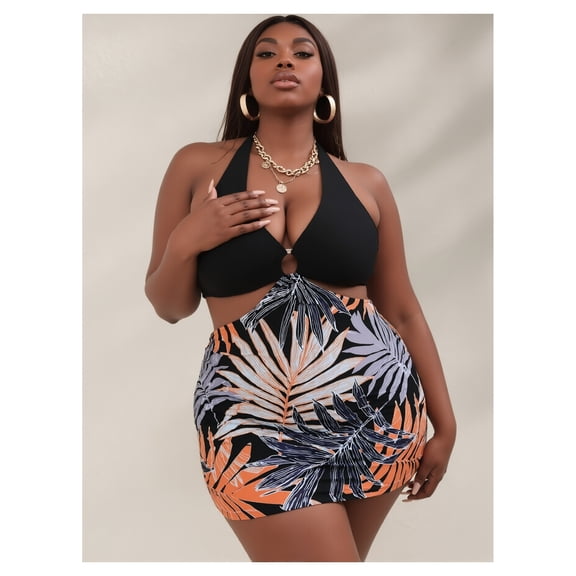 Plus Size Bikini Set - Black Halter Swimsuit with Cut-Outs & Tropical Leaf Print Shorts - Women's Swimwear for Beach, Pool, Vacation - Sizes 14-22