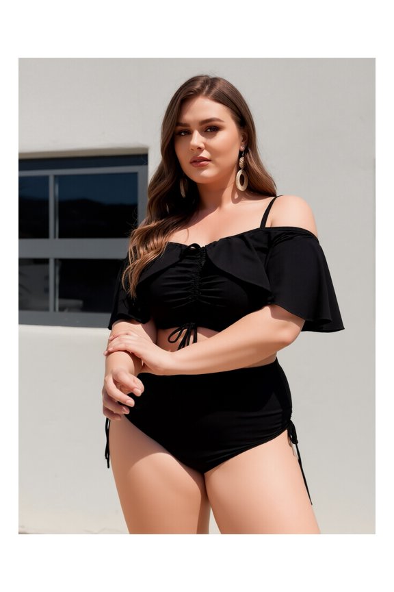 Plus Size Bikini Set Off Shoulder Ruffled Swimsuit for Women - Black Swimwear with Drawstring, Curve & Chloe Style, Adjustable Two Piece Bathing Suit