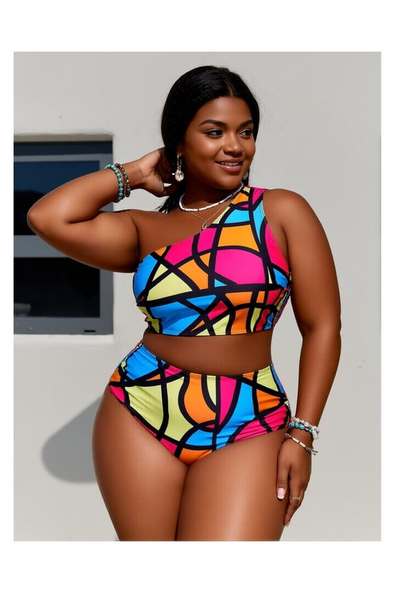 Plus Size Bikini Set - One Shoulder Stained Glass Print Swimsuit, High Waisted Bathing Suit for Women, Curve & Chloe Collection, Stretchy Swimwear