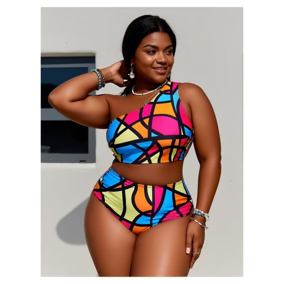 Plus Size Bikini Set - One Shoulder Swimsuit for Women, Stained Glass Print, High Waisted Bathing Suit, Stretchy Swimwear, Curve & Plus Size 14-22
