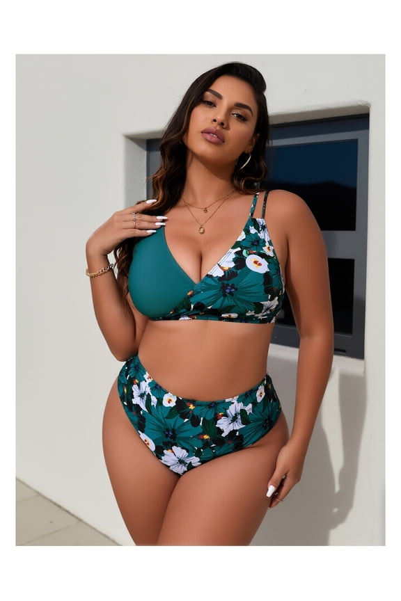 Plus Size Bikini Set for Women - Digital Print Push Up Swimsuit - Two Piece Bathing Suit - Trendy Swimwear for Beach, Pool, Vacation - Adjustable Straps