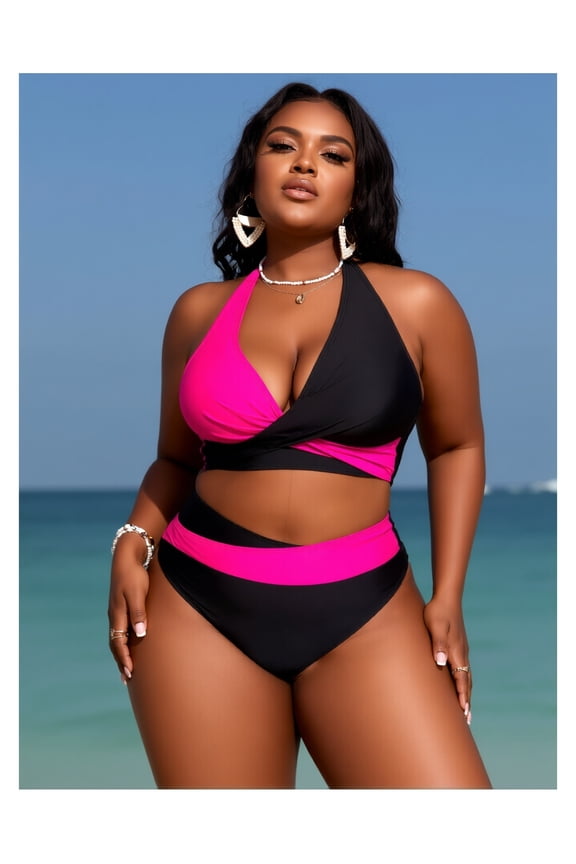 Plus Size Bikini Set - Women's Color Block Halter Swimsuit - Black & Hot Pink - Twist Front, Adjustable Straps - Swimwear for Curvy Figures