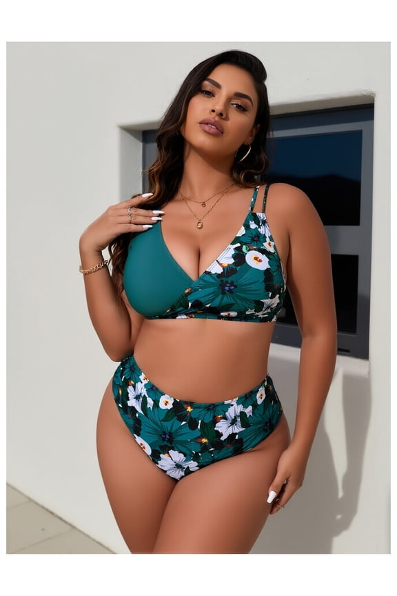 Plus Size Bikini Set - Women's Digital Print Two Piece Swimsuit with Push Up Padding - Stylish Bathing Suits for Curvy Figures - Adjustable Straps, Vibrant Colors