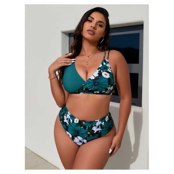 Plus Size Bikini Set for Women - Digital Print Push Up Swimsuit - 2 Piece Bathing Suit - Stylish Swimwear for Curvy Figures - Adjustable Straps
