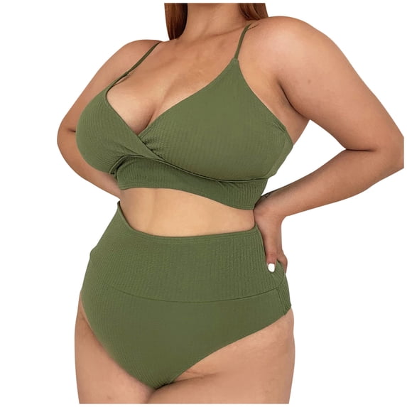 Plus Size Bikini for Women High Waist Bottom V Neck Padded Push Up Bikini Sets Swimwear Solid Color Classic Split Two Piece Swimsuits Pool Party Beachwear Bathing Suit