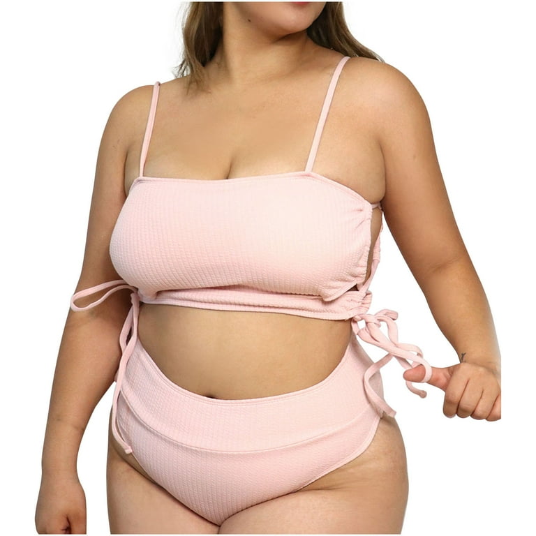 Plus Size Bikini for Women High Waist Tummy Control Bottom Padded Push Up Lacing Sling Bikini Sets Swimwear Solid Color Classic Split Two Piece