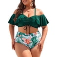 thumbnail image 1 of Plus Size Bikini Women's Pleated Drawstring Swimsuit 2 Piece Set Bathing Suit Ruched High Waist Beach Vacation Dark Green Size:4XL, 1 of 6
