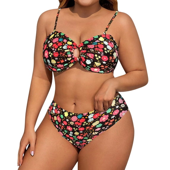 Plus Size Bikini, Women's Strapless Two-Piece Swimsuit with Floral Cutout Design, Adjustable for Comfort and Support, Swimwear for Beach and Pool