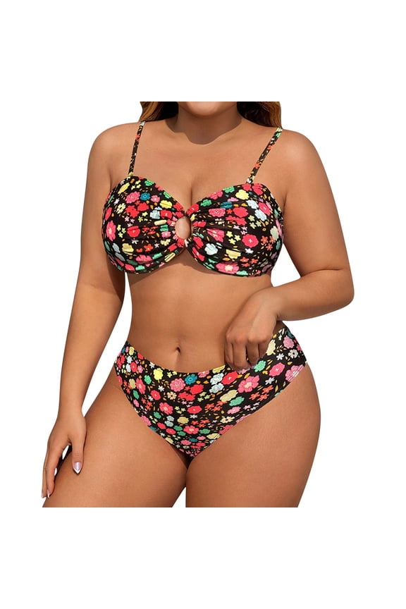 Plus Size Bikini, Women's Strapless Two-Piece Swimsuit with Floral Cutout Design, Adjustable for Comfort and Support, Swimwear for Beach and Pool
