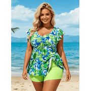Plus-Size Black Bohemian-Print Tankini Swimsuit   Women's Tummy-Control Two-Piece Swimwear; Women's Tummy-Control One-Piece Swimsuit   Bust-Enhancing, Full-Coverage, Slimming Swimwear