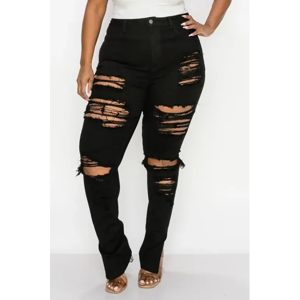Plus Size Black Denim Distressed Jeans