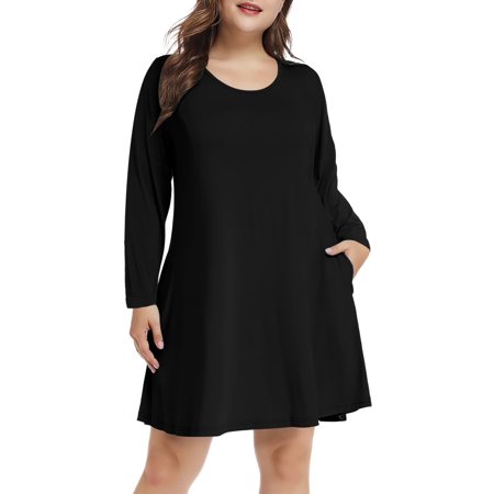 Plus Size Black Dresses 1X for Women, VEPKUL Crew Neck T Shirt Dress Long Sleeve Casual Loose Swing Fall Dress with Pockets