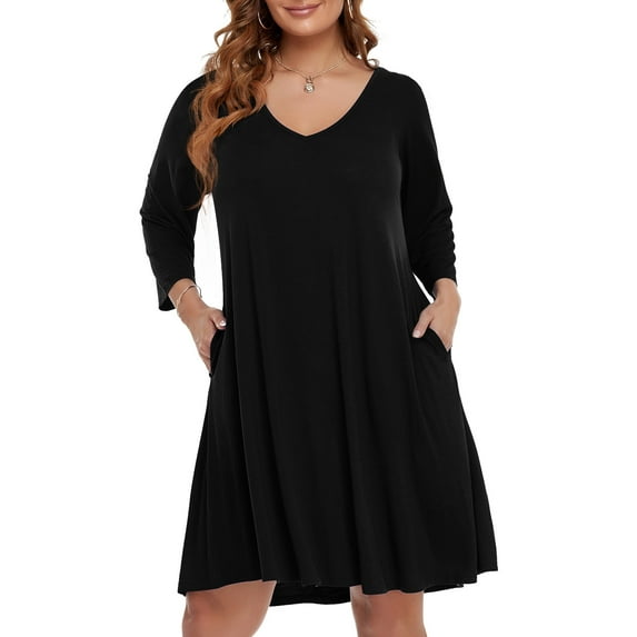 VEPKUL V Neck Plus Size Dresses 3/4 Sleeve Casual Loose Swing Fall Dress with Pockets Black_1X