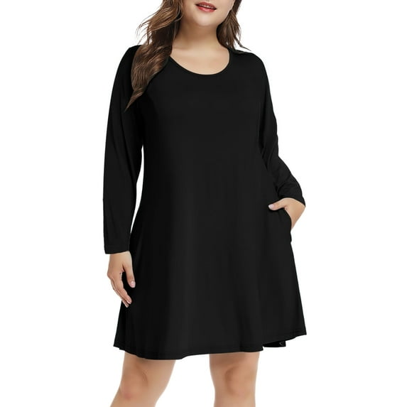 Plus Size Black Dresses for Women, VEPKUL Crew Neck T Shirt Dress Long Sleeve Casual Loose Swing Fall Dress with Pockets