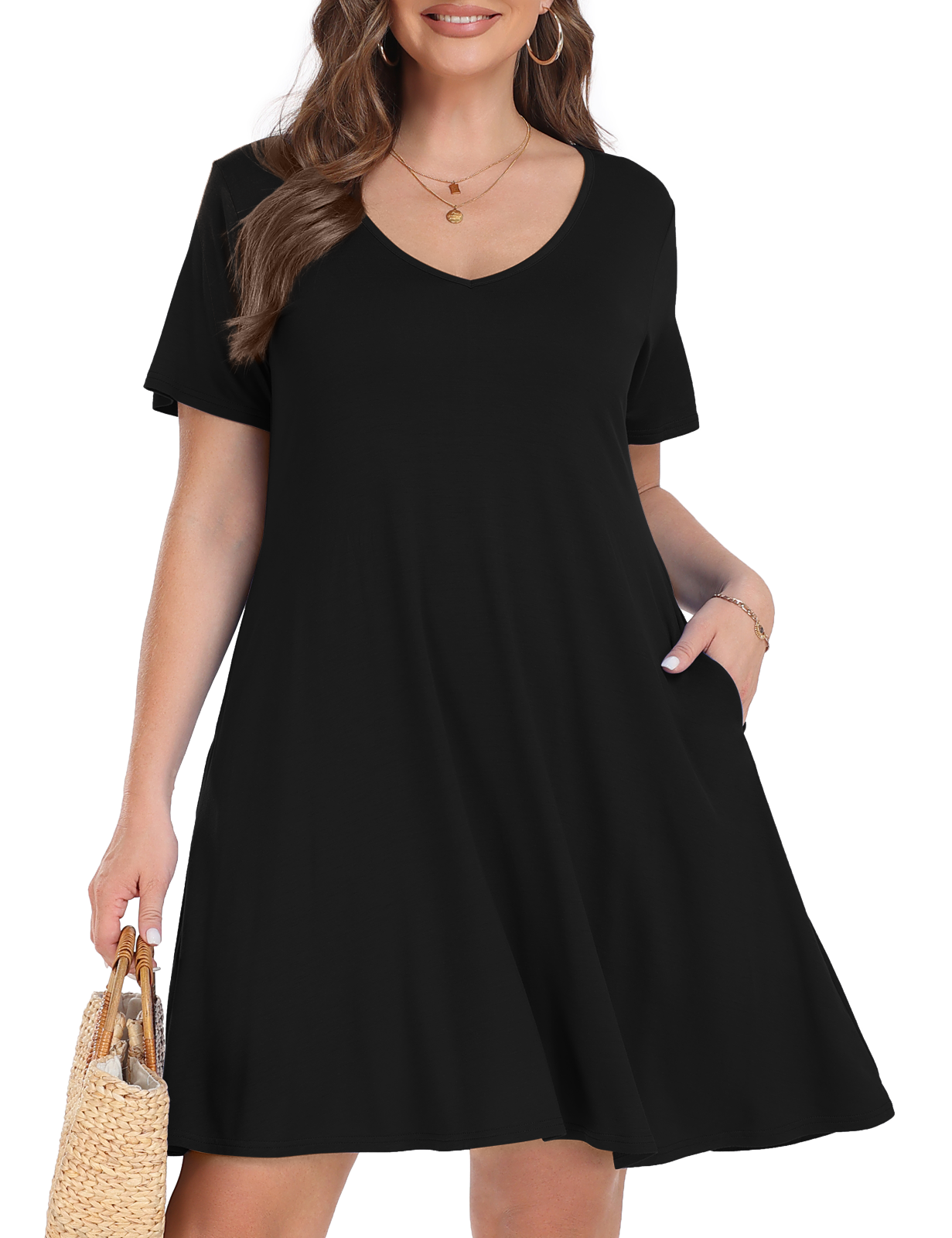 Plus Size Black Dresses 4X for Women, VEPKUL V Neck T Shirt Dress 2024 Short Sleeve Casual Loose Swing Summer Dress with Pockets - image 1 of 9