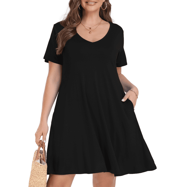 Plus Size Black Dresses 4X for Women, VEPKUL V Neck T Shirt Dress 2024 Short Sleeve Casual Loose Swing Summer Dress with Pockets
