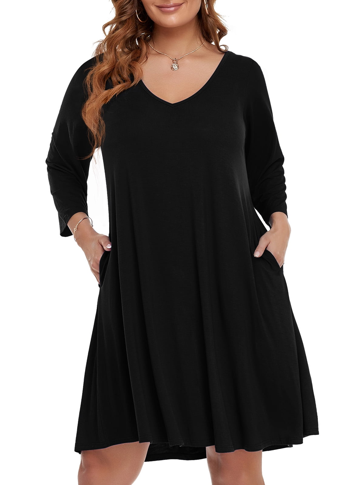 Plus Size Black Dresses 5X for Women, VEPKUL V Neck T Shirt Dress 3/4