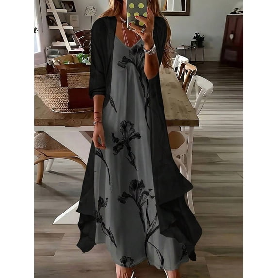 Plus Size Black Floral Print Dress With Matching Cardigan, V-Neck
