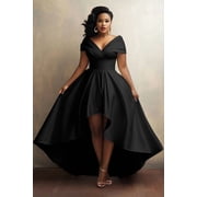 Plus Size Black Off-the-Shoulder High-Low A-Line Formal Dress, V-Neck Short Sleeve Evening Gown