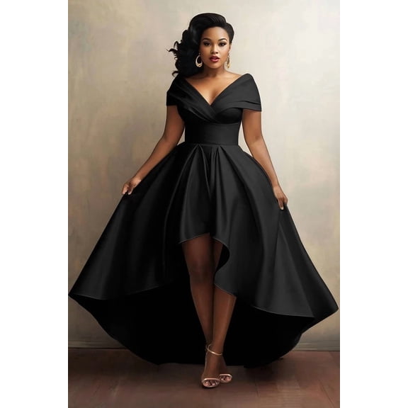 Plus Size Black Off-the-Shoulder High-Low A-Line Formal Dress, V-Neck Short Sleeve Evening Gown
