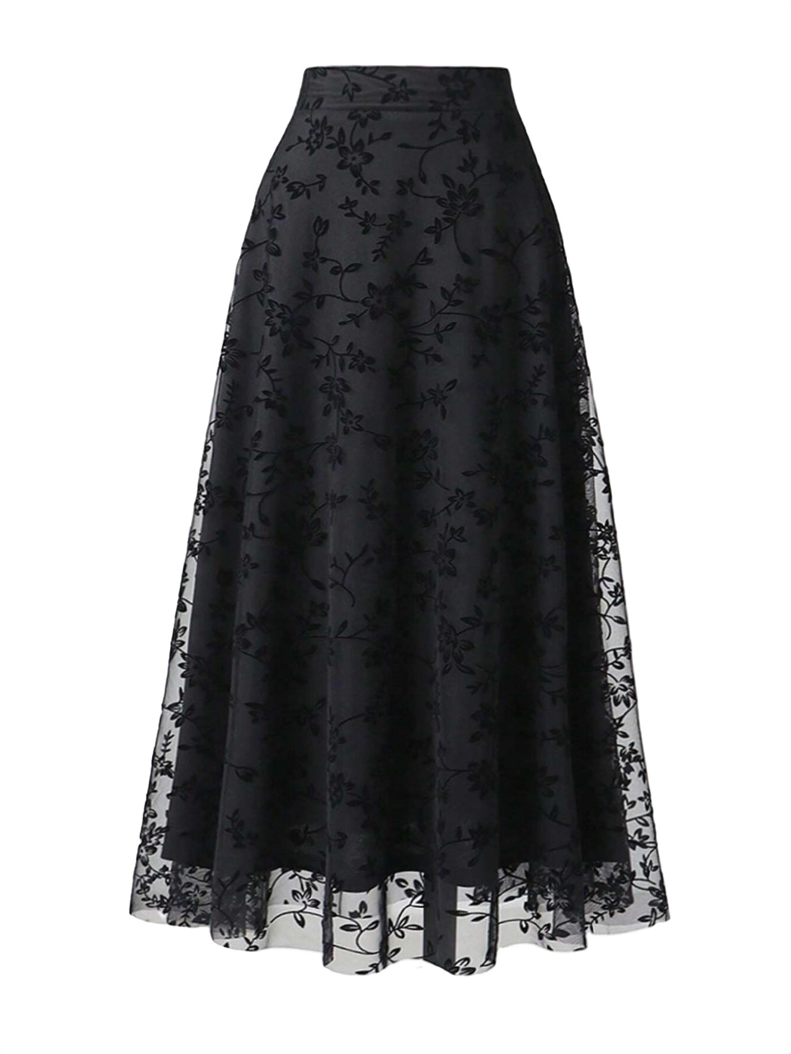 Plus Size Black Pleated Tulle Overlay Flared Skirt