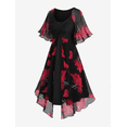 thumbnail image 1 of Plus Size Black Red Floral Chiffon Midi Dress, Flutter Sleeve Empire Waist A-Line Dress with Asymmetrical Hem, 1 of 2