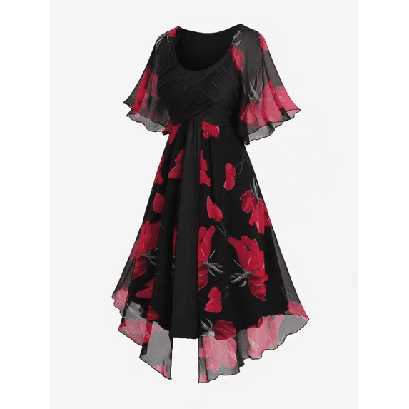 Plus Size Black Red Floral Chiffon Midi Dress, Flutter Sleeve Empire Waist A-Line Dress with Asymmetrical Hem