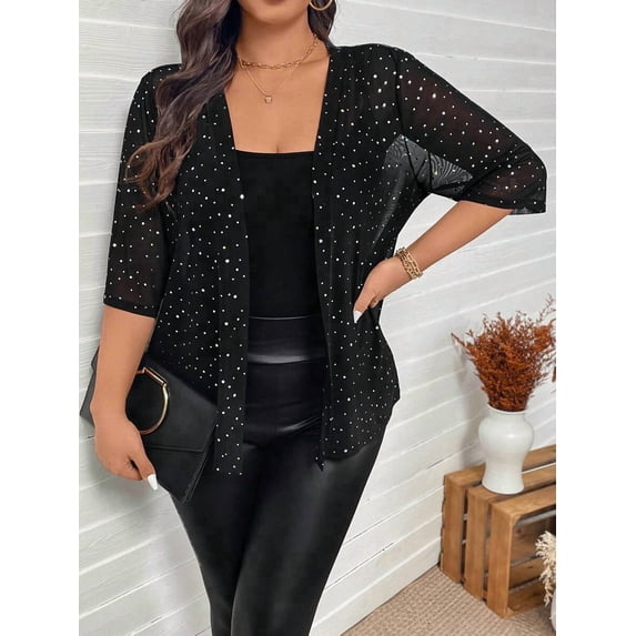 Plus Size Black Rhinestone Embellished Mesh Sheer Jacket