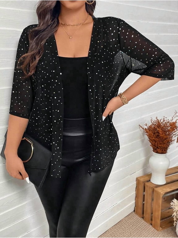 Plus Size Black Rhinestone Embellished Mesh Sheer Jacket