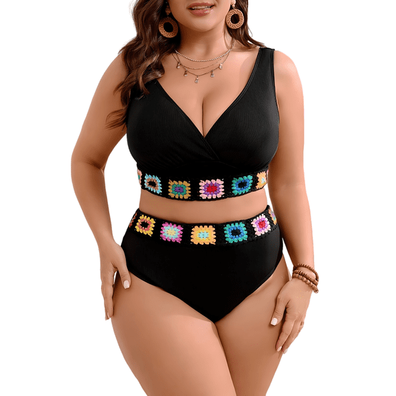 Plus Size Black Ribbed Crochet Floral Trim High Waist Two Piece Bikini Swimsuit