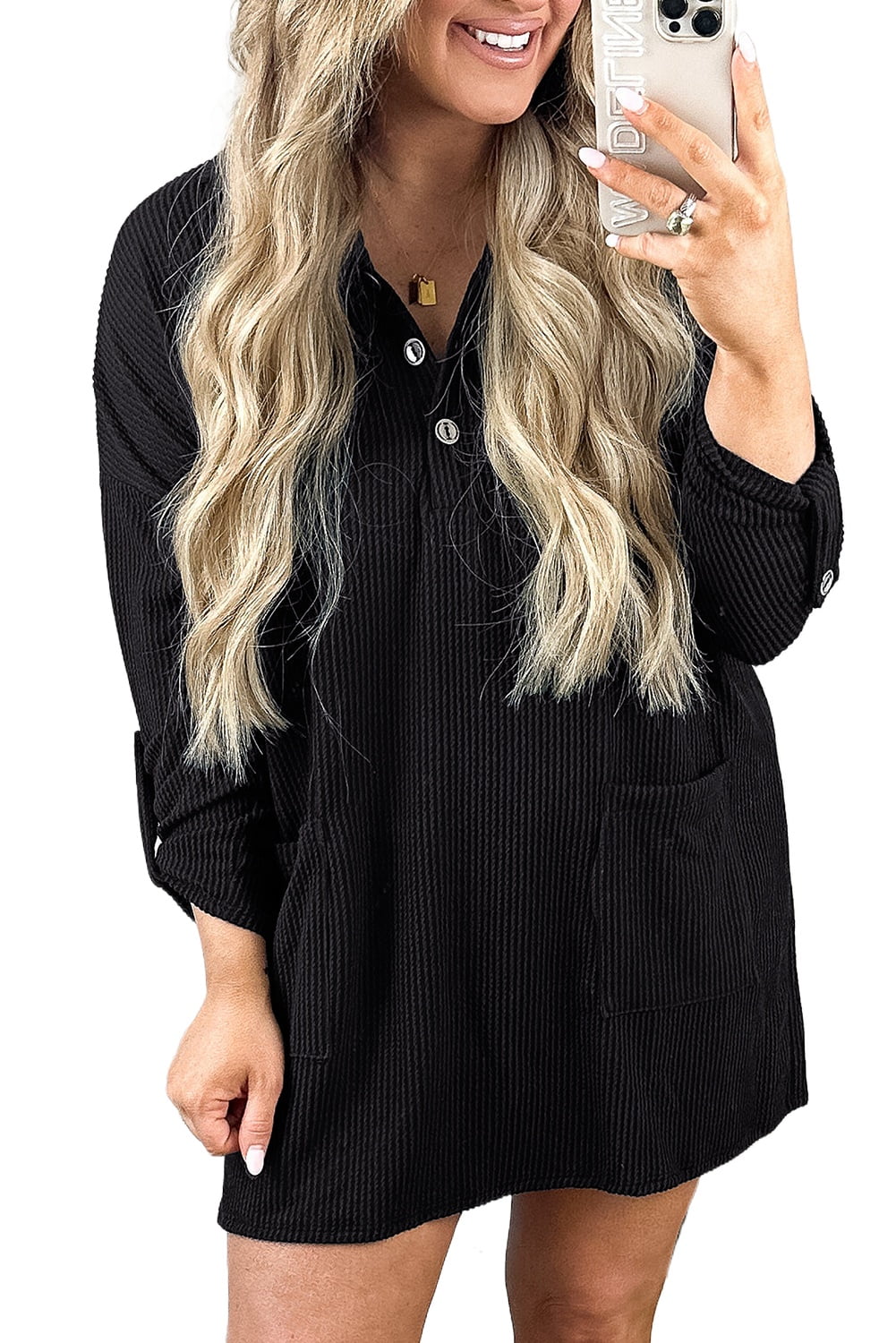 Heimish Full Size Solid Ribbed Mini Dress with Button Plus Size main image 1