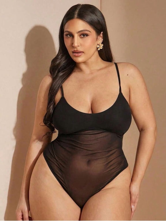 Plus Size Black Sheer Camisole Bodysuit With Spaghetti Straps