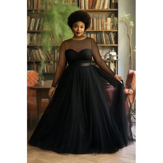 Plus Size Black Sheer Mesh Sweetheart Neck Ball Gown, Long Sleeve Tulle Layered Formal Evening Dress