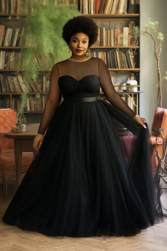 Plus Size Black Sheer Mesh Sweetheart Neck Ball Gown, Long Sleeve Tulle Layered Formal Evening Dress