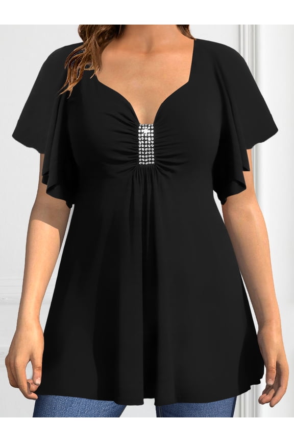 Plus Size Black Sweetheart Neck Rhinestone Tunic Top, Ruched Bust Flounce Sleeve A-Line Casual Evening Blouse
