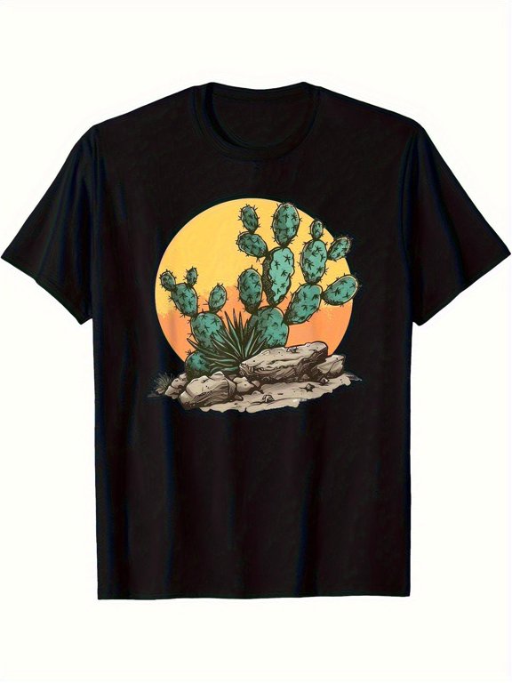 Plus‑Size Black T‑Shirt With Southwest Desert Cactus and Sunset Print – Casual Short‑Sleeve Crew‑Neck T‑Shirt, Green Cactus and Sand‑Texture Print, Comfortable Fit for All Seasons
