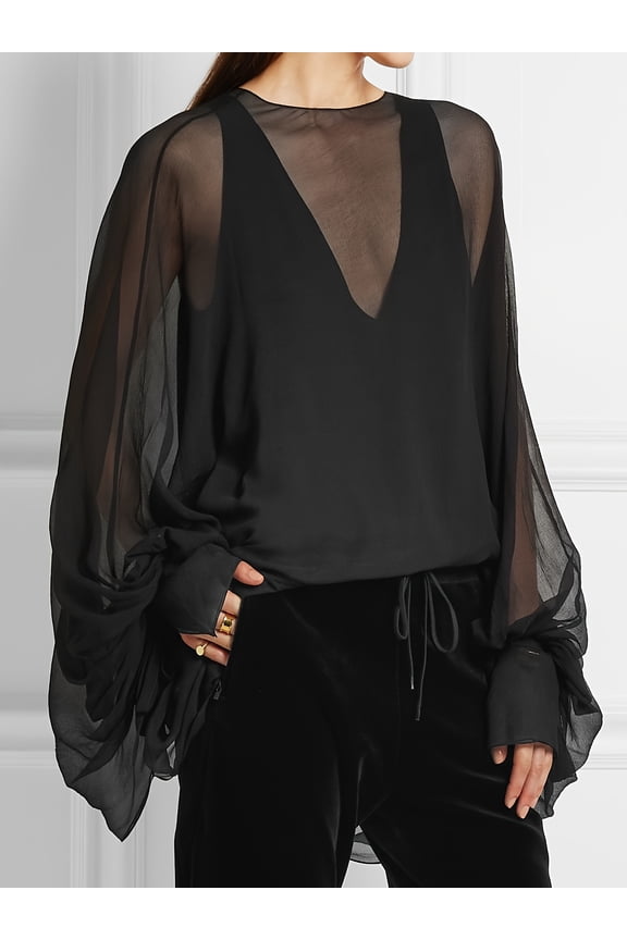 Plus Size Black Translucent Chiffon Blouse, Crew Neck Oversized Long Lantern Sleeve Sheer Elegant Wedding Guest Party Top